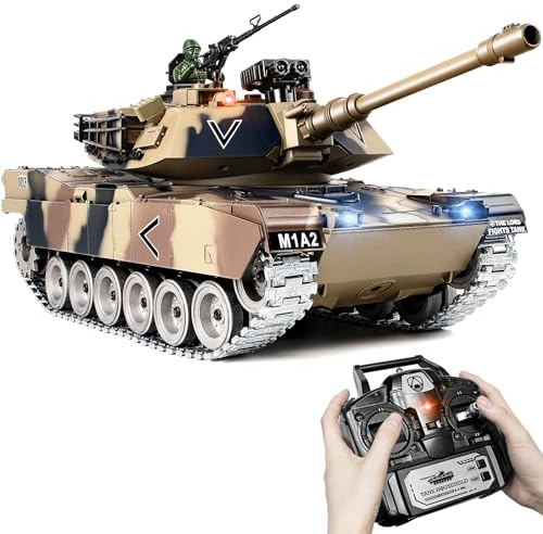 Carro Armato Telecomandato M1A2 Abrams, 1:18 con Cingoli in Metallo RC Tank Giocattolo che Spara BB, Fumo, Suoni, Luci e Rinculo Carro Armato Radiocomandato per Adulti e Bambini Veicolo Militare