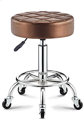 HSOYGE Drehhocker, höhenverstellbar, Chromstahl-Barhocker, rundes Kissen, Salon-Rolldrehstuhl auf 5 Rädern, Leder-Thekenhocker (braun, Einheitsgröße)