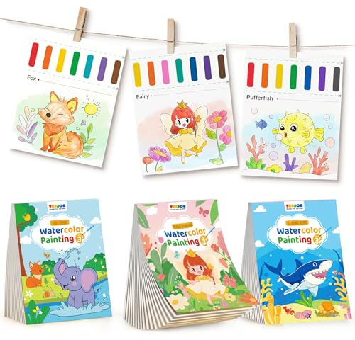 TECJOE 3er-Pack Mal- und Wassermalbücher für Kleinkinder, Aquarellfarben-Set mit 6 Pinseln, Malaktivität für Kinder, Lern- und Bastelspielzeug-Geschenk, Prinzessin, Wald und Meer