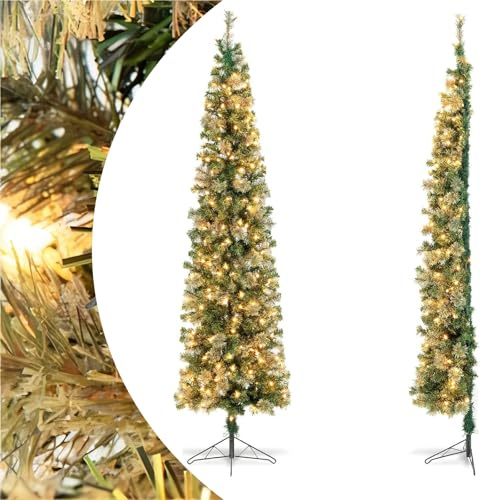 SPOTRAVEL 7FT Half Christmas Tree, Holiday Decoration Tree with 403 PVC Branch Tips and 150 LED Lights, Space-Saving Seasonal Slim Tree for Home, Office & Shop