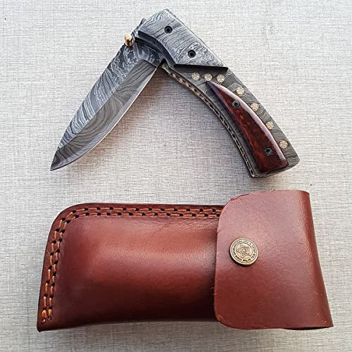 Craftomic Elite fickkniv i hel damast | fällkniv | damast, stål, rosenträ, mosaikpennhandtag | handgjord utomhus, damaskkniv, campingkniv | FK21
