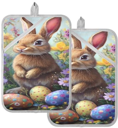JUMBEAR Set di presine pasquali e portauova con tasca, per cucina, resistenti al calore, presina, guanti da forno e sottopentola per cuocere al forno, 17,8 x 22,9 cm
