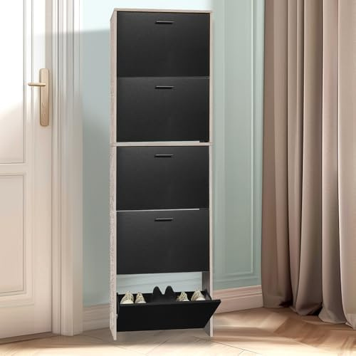 CASABEL Zapatero 15 Pares, Espacioso, Puertas Negras, Marco de Madera Clara | Organizador de zapatos, 5 abatibles, compartimentos abatibles, estrecho, ahorro de espacio, diseño moderno, montaje fácil