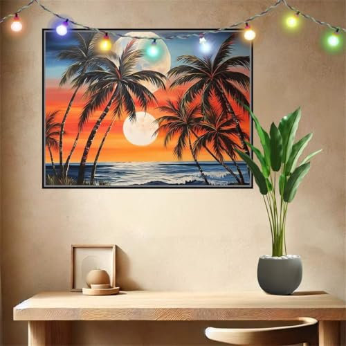 Malen nach Zahlen Erwachsene Palme, Meer, Paint by Numbers Knitterfreie Leinwand Kit für Anfänger, DIY Basteln Acrylfarbe Handgemalt Ölgemälde Kit für Wand Dekoration Weihnachten Geschenk (30x40cm)