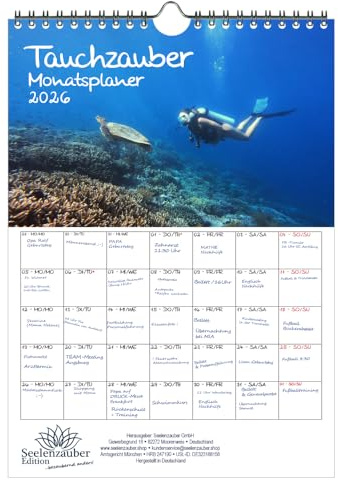 Tauchzauber Planer DIN A4 Kalender für 2026 Unterwasser und tauchen - Set-Inhalt: 1x Kalender 1x Weihnachtsanhänger 1x Grußanhänger (gesamt 3 Teile)