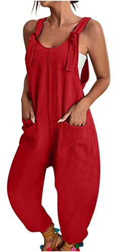 Combinaison Pantalon Femme Ete Fluide Chic, Jumpsuit à Bretelles sans Manche Femme Combishort Jambes Larges Romper Léger Salopette Ete Fluide Lin Spaghetti Pantalon Mode Combi Femmes avec Poches
