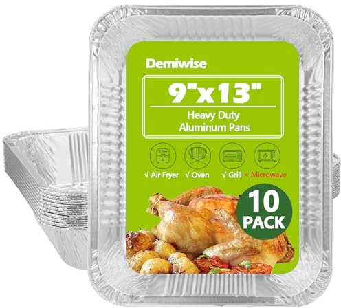 Demiwise Thickened 10 Pack Heavy Duty Aluminum Pans, 9x13 Aluminum Foil Pans Disposable, Half Size Steam Table Foil Baking Tray for Cooking, Baking, Roasting & Chafing, Carton Packaging