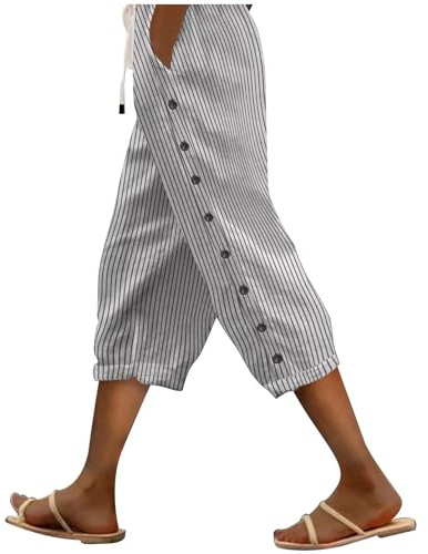 Linen Trousers Womens Drawstring Elastic Waist Cropped Trousers Lightweight Summer Capri Pants with Pockets Casual 3/4 Length Trousers Beach Pants for Ladies