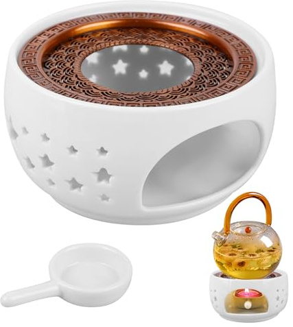 Stövchen für Teekanne, Keramik Teewärmer mit Teelichthalter & Hohlmuster, Teestövchen Porzellan Teekannenwärmer für Tee Kaffee Milch, Teewärmer mit Hohle Ofenmatte, Klassisch & Dekorativ,Weiß (Stern)