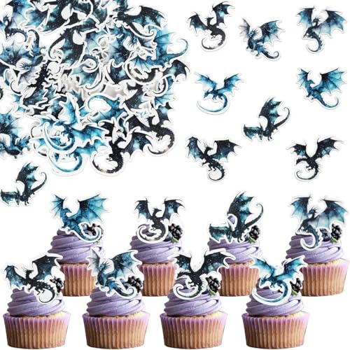 SYKYCTCY 48 Pack Edible Dragon Cupcake Toppers Glitter Fantasy Birthday Cupcake Picks for Medieval Dragon Theme Baby Shower Kids Birthday Party Cake Decorations Supplies
