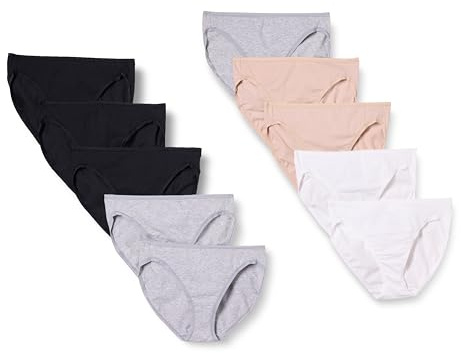 Amazon Essentials Culotte Bikini Échancrée en Coton Extensible Femme, Lot de 10, Beige/Blanc/Gris Chiné/Noir, 40