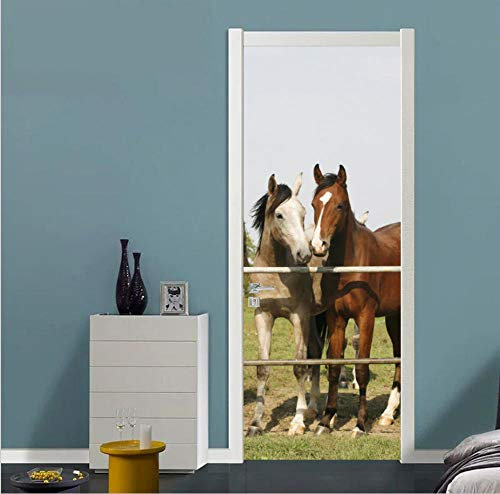 PinchPIPI 3D Türaufkleber Pferde Thema Türbild Ranch PVC Selbstklebende Innentüren Türfolie wasserdichte Abnehmbare für Schlafzimmer Wohnzimmer Dekoration Wandbild 77x200cm