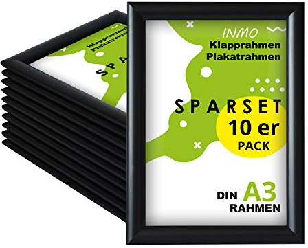 INMO Alu-Klapprahmen DIN A3 10 Stück mit Aluminium Profil ohne Glas - Klappbarer Bilderrahmen Schwarz - Fotorahmen für Bilder, Poster, Plakate - 32,60 x 45,10 cm Urkundenrahmen