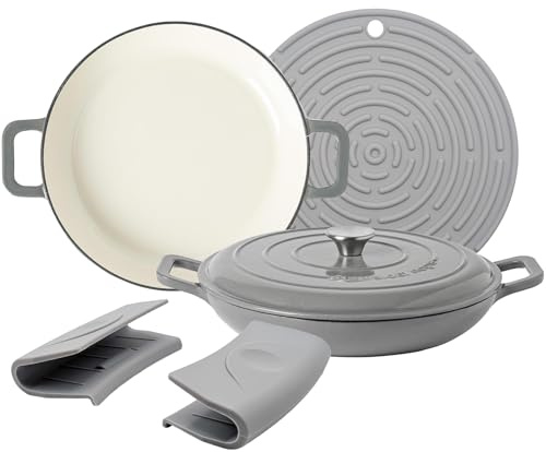 Argon Tableware 2.3L Shallow Cast Iron Casserole Dishes with Self-Basting Lids - Slate Grey - 2 Pack Induction Hob Cooking 2.43QT Dutch Oven Bread Baking Serving Roasting Stew Stock Pot Cookware Pan
