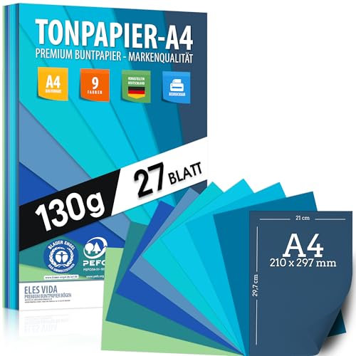 27 Blatt Tonzeichenpapier Blautöne - Wasserfarben - DIN A4-130g /m² Set 9 Farben – Stabiles Bastelpapier, Kinder, Marine Blau, Meer, Azur - Ozean - BLAUER ENGEL & PEFC zertifiziert - MADE IN GERMANY