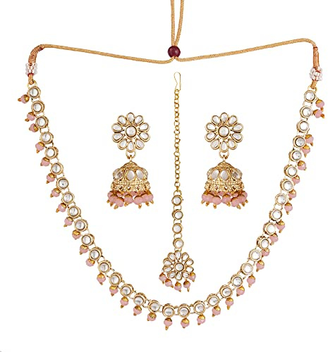 Jwellmart Gold Polish Faux Kundan Bridal Wedding Choker Necklace Earrings Tika Combo Set Bollywood Party Traditional Fashion Indian Jewelry Jewellery Set for Women, Stone