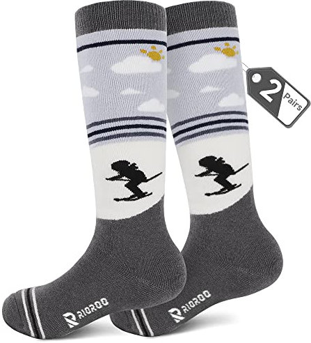 RIOROO 2 Paar Merinowolle Unisex Skisocken Kinder, Skisocken Kinder Dicke VerstäRkte SkistrüMpfe für Jungen Mädchen Thermo Wintersocken Warm Und Atmungsaktiv mit Anti-Rutsch-Bündchen Wade Design