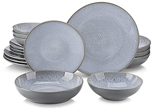 vancasso Karst Reactive Glaze Dinner Sets, Stoneware Vintage Look Grey Dinnerware Tableware, 16 Pieces Service Set 4, Include Plate, Dessert Pasta Bowl & Cereal Bowl, Karst-white