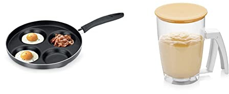 Tescoma 594244 Padella Quattro Cerchi Antiaderente, Per Cucinare Pancake, Uova E Hamburger, Diametro 24 Cm, Nero & 630342 Delicia Dispenser per Pastella, Plastica, 1 Litro