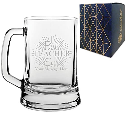Personalised Engraved Teacher Gift Beer Mug Stein with Best Teacher Ever Design, Personalise with Any Message, Gift Box Included, Laser Engraved, Teacher End of Term School Gift