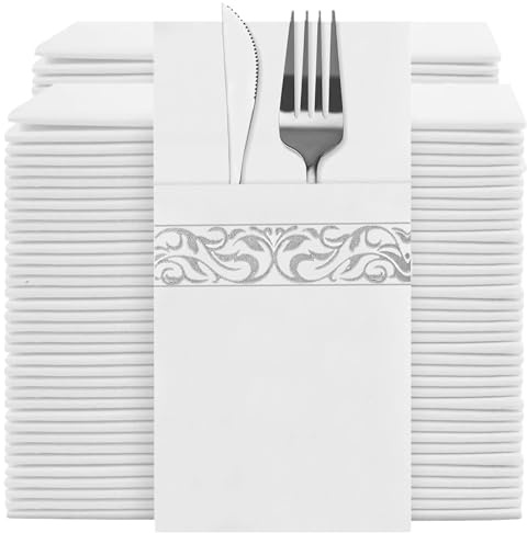 YIDUHAO Pre-Folded Napkins with Cutlery Pocket | 40x40cm Thick & Absorbent | Silver Print for Birthday BBQ Wedding 100pcs