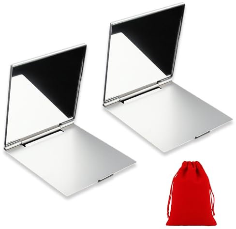 MEMOFYND 2 specchi trucco argento con una custodia rossa, piccolo e pieghevole, piccolo specchio a mano, portatile per i viaggi.