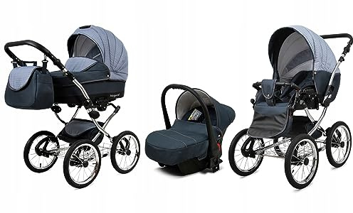 BabyLux® Kinderwagen Set 3 in 1 - Margaret Exclusive - incl. Babywanne, Buggy Sportsitz, Auto-Babyschale - Autositz - Kinderwagenset - Kombikinderwagen mit Wickeltasche, Regenschutz usw.