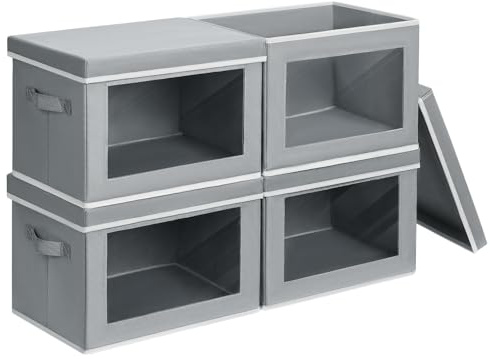 Homsorout Storage Bins with Lids - Fabric Closet Storage Bins with Window, Collapsible Baskets for Shelves 4 Pack, Home Decorative Boxes for Clothes, Closet, Office, Grey
