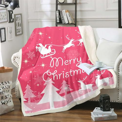 Rosa Weihnachten Wurf Decke Weihnachtsthema Weihnachtsbaum Schneeflocke Decke,Elch Hirsch Weihnachtsmann Weihnachts Dekor Fleece Decke,Weihnachts Geschenke Glitter Schneeflocken Bett Decke 75x100cm