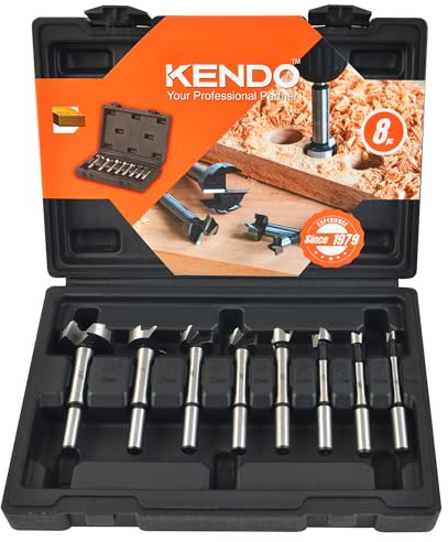 KENDO 8 Piece Forstner Bit Set, Made of Alloy Steel, Forstner Bits for Woodworking, Auger Opener Round Shank Drilling Cutting Tool for Hardwood, Softwood, Plastic, Plywood with Storage Case