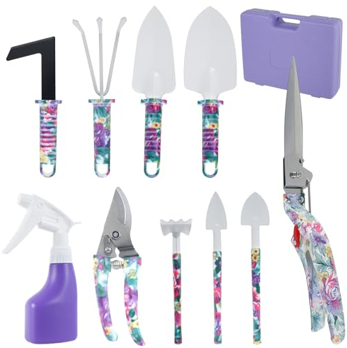 Deuson Lot de 10 outils de jardinage avec impression florale - Multifonction - Avec cisailles à pulvérisation Rake Shovel - Réutilisables - Violet - Pour hommes et femmes
