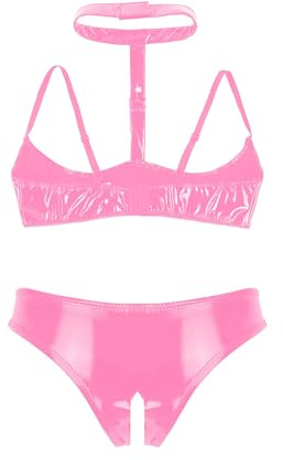 CHICTRY Womens 2 Piece Lingerie Set Stretch Vinyl Shelf Bra Quarter Cup Bra Tops with Panty Nightwear Pink L