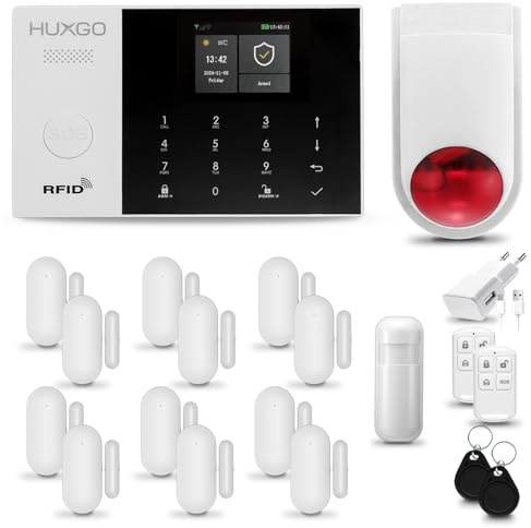 Funk Alarmanlage Set WiFi + GSM mit Alarmsirene HXA005 HUXGO® | Alarm System mit Bewegungsmelder, 12x Fensteralarm/Türsensoren | Alarmanlage fürs Haus, Wohnung | Smart Home