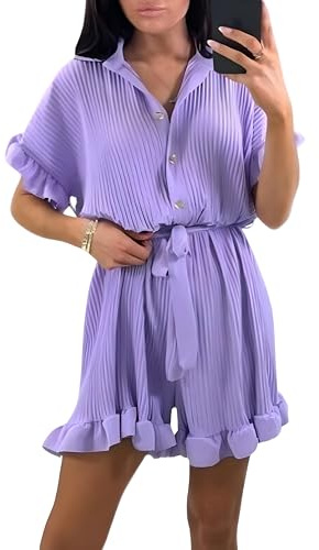 Womens Loose Fit Oversized Jumpsuit, Ladies Casual Summer Rompers Swing Gold Button Pleated Short Sleeve Collared Playsuit With Belt Frill UK One Size 8-14 Lilac