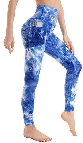 AMYTIS High Waist-gymleggings för kvinnor, stretchiga, mjuka yogabyxor för kvinnor, magkontroll, träning, löpning, leggings med fickor, Batikfärg 10, L