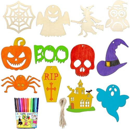 Aoiuenok Halloween Holz Bastelset, 24 Stück Basteln für Kinder, Kürbis Set Mit Schnüren Und Aquarellstifte, für DIY, Herbstzeit, Party Geschenk