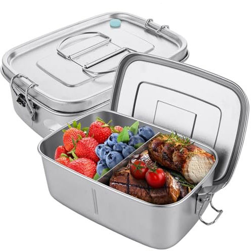 LDXDRU 2 Pack 1100ml / 38oz Stainless Steel Lunch Box with Compartment, Metal Lunch Boxes, Meal Prep Box Portable Bento Box Salad Food Container for Kitchen Travel Picnic Camping