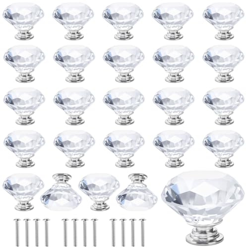 TAICHEUT 30 PCS 40mm Clear Crystal Door Knobs, Diamond Crystal Cabinet Knobs with Screws, Cupboard Cabinet Handles for Home, Kitchen, Office