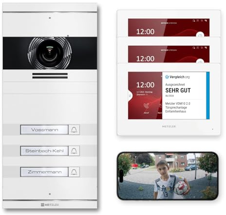 Metzler VDM10 2.0 Video Sprechanlage Komplett Set mit austauschbarem Namensschild - Anschluss 2-Draht - Türsprechanlage mit HD-Kamera und Bildschirm für 3 Familienhaus, in Weiß aus V2A Edelstahl