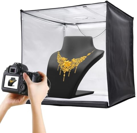Pro Fotobox 80x80 cm | Lichtbox Set für Produktfotografie | Faltbare Lichtbox für Kleine Gegenstände | 3 Lichttemperaturen, Mit Lichtkasten, Lichtleiste, Dimmtaste, 5 wasserdichte PVC Hintergründe