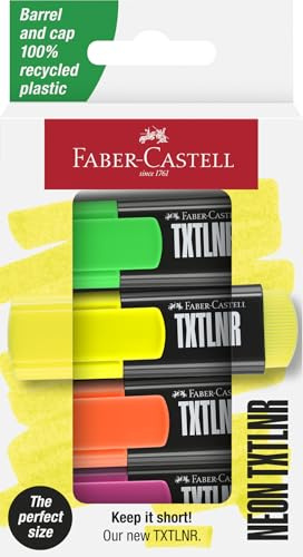 Faber-Castell 154204 - Textmarker Set TXTLNR, 4 Neon Marker für Kinder und Erwachsene, Textmarker Mini
