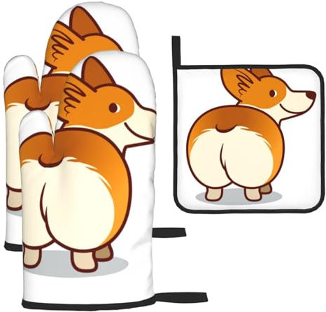 Corgi cane divertente sedere,Guanti da cucina Guanti da forno antiscivolo Resistenti al calore Set da tre pezzi Guanti da forno e presine
