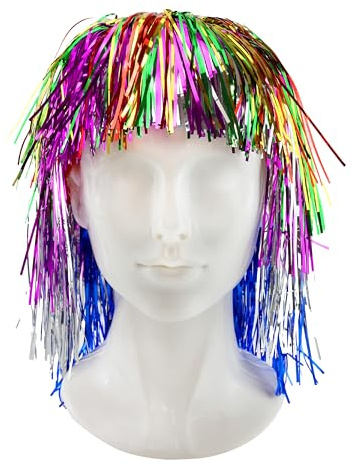 Lametta-Perücke für Erwachsene, 1 Stück, schulterlang, mehrfarbig, Folien-Lametta-Perücke mit Pony, für Herren und Damen, Festival, Neujahr, Weihnachten, Kostümzubehör