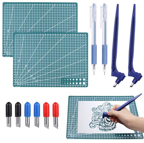 Craft Schneidewerkzeug 360 Grad, Schneidewerkzeug Zum Basteln Für Papier mit 6 Ersatzklingen(15°/30°/45°), 2 Schneidematte, 2 Skalpell Basteln, Schneidwerkzeuge Für Handwerk, Scrapbooking, Modellbau