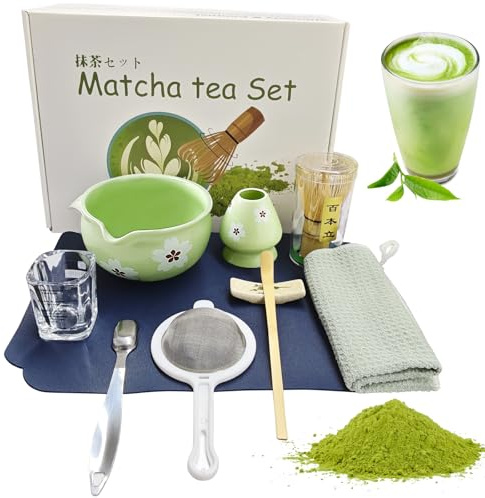 10Pcs Japanese Matcha Tea Whisk Set,Ceramic Handmade from 100% Natural Bamboo Matcha Whisk,Ceramic Matcha Bowl with Spout Perfect Matcha Starter Kit Gifts for Women Men Friend Tea Enthusiasts