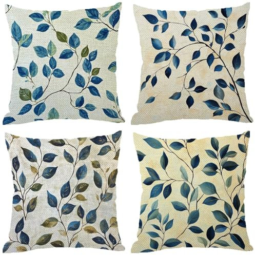 Fodere Cuscini da Esterno Impermeabili, Foglia Federe Cuscini Divano 70x70 Quadrate Set di 4, Doppia Faccia Stampa Lino Cushion Covers Blu Cerniera Invisibile per Aesthetic Room Decor, Regalo Z-819
