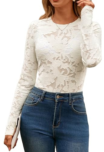 Glamaker Womens Mesh Long Sleeve Tops Lace See Through Sexy Crew Neck Eyelet Shirts Party Floral Club Dressy Blouse(Light Apricot,Large)