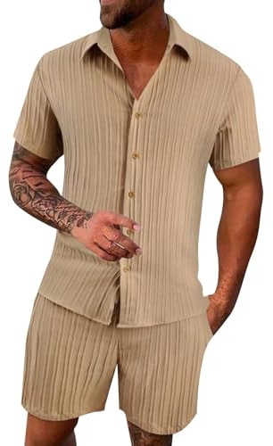 2025 Conjuntos Deportivos de Manga Corta Absorbentes Transpirables y Cómodos para El Ocio de Verano Camisa de Lino Hombre Ajuste Normal Negocios Verano Casual Juego de 2 Piezas