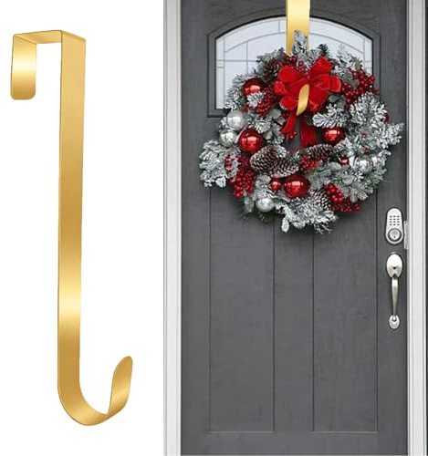 Kukigo Wreath Hangers for Front Door,12.5 inches/31cm Christmas Wreath Hanger Door Wreath Hook Over The Door Hanger,Halloween Door Wreath Metal Wreath Holder for Easter Front Door Decorations (Gold)