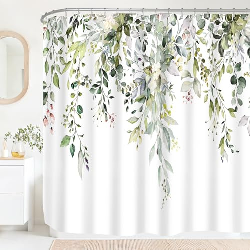 BayNook Extra Wide Eucalyptus Shower Curtain 108 x 72, Sage Green Watercolor Plant Leaves Shower Curtains for Claw Foot Tub, Botanical Nature 108 inch Shower Curtain Set with 18 Pack Plastic C-Hooks